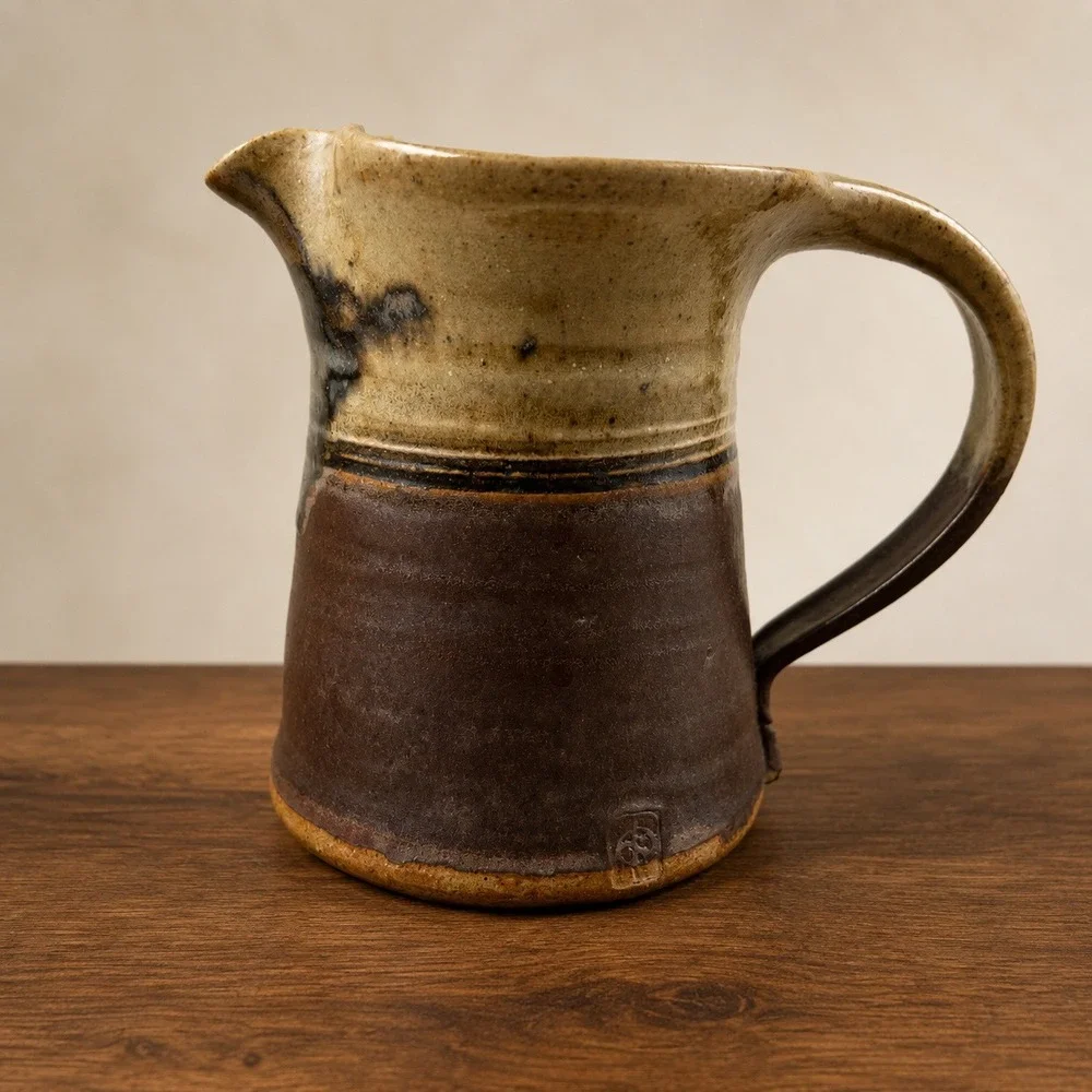 Vtg Handmade Stoneware Pitcher Brown Tan Drip Glaze Signed Studio Pottery